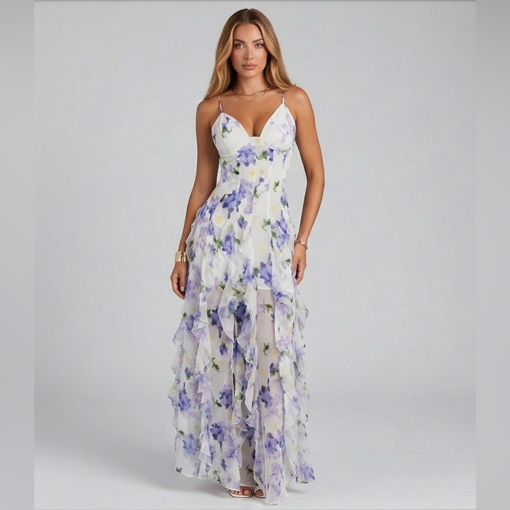 Floral V-Neck Tiered Ruffle Gown Maxi Dress | Purple & White - Picture 4 of 9